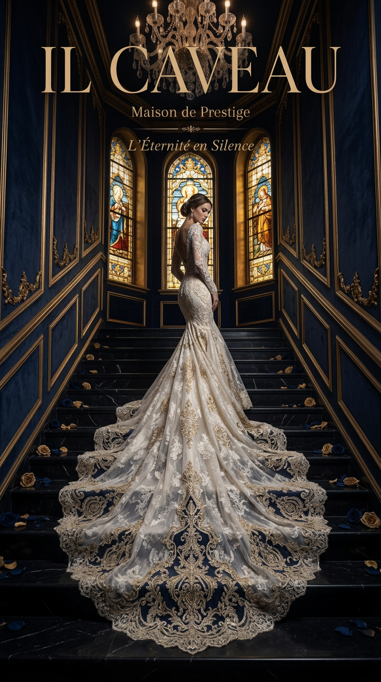 Il Caveau — Maison de Prestige: a gold-embroidered gown on a candlelit navy staircase